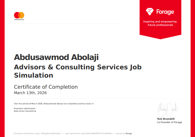 Abolajisawmod's tweet photo. I’m thrilled to share that I’ve completed the Advisors &amp; Consulting Services Job Simulation by Mastercard.
This experience strengthened my skills in data analysis, insight generation, and communicating data driven strategies to business leaders.
#Mastercard #Forage #DataAnalytics https://t.co/qSq8zA1p9d