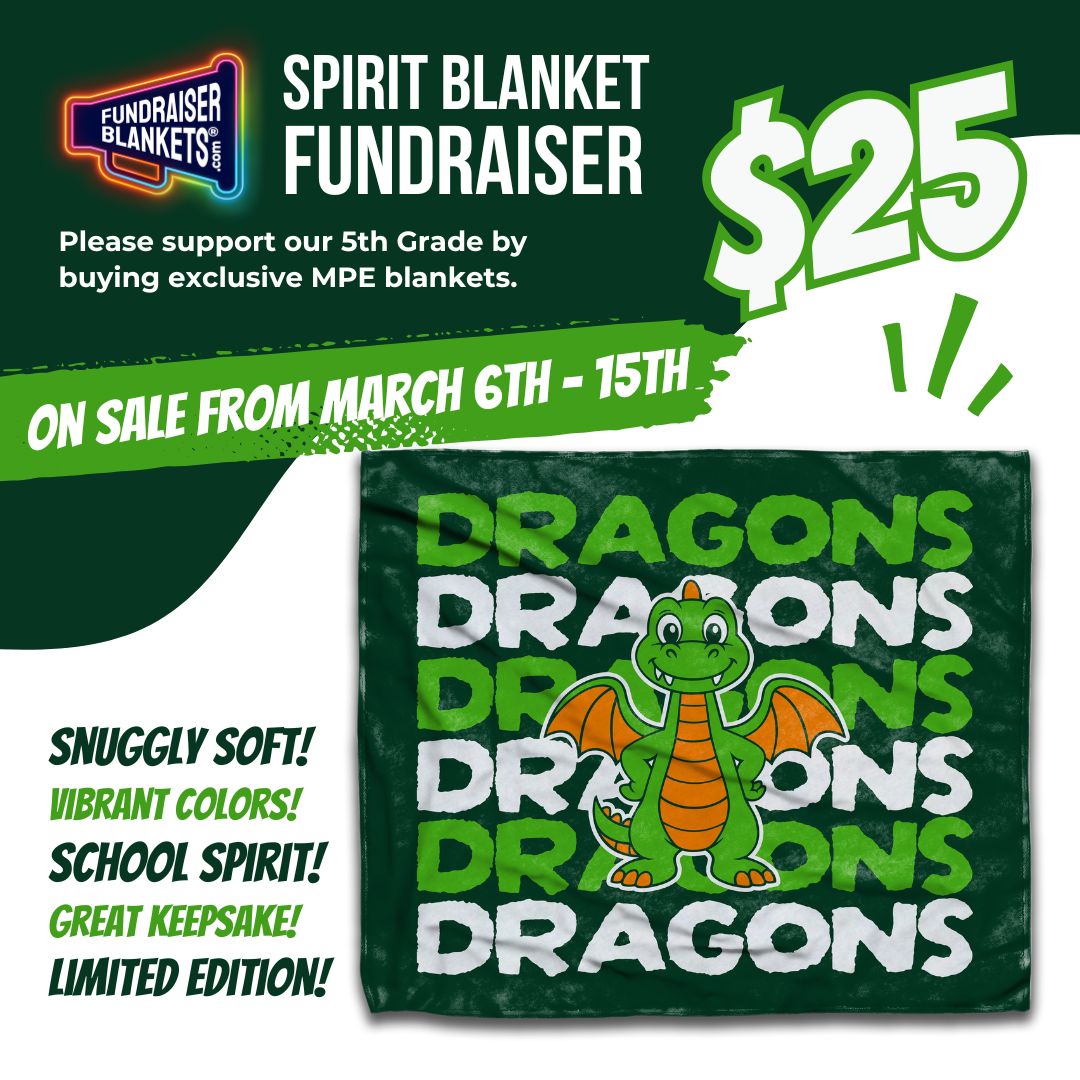 Warning⚠️  This blanket may cause excessive school spirit and extreme coziness. 🐉💚 🤍 
Snag a mascot blanket and help support our amazing 5th graders!