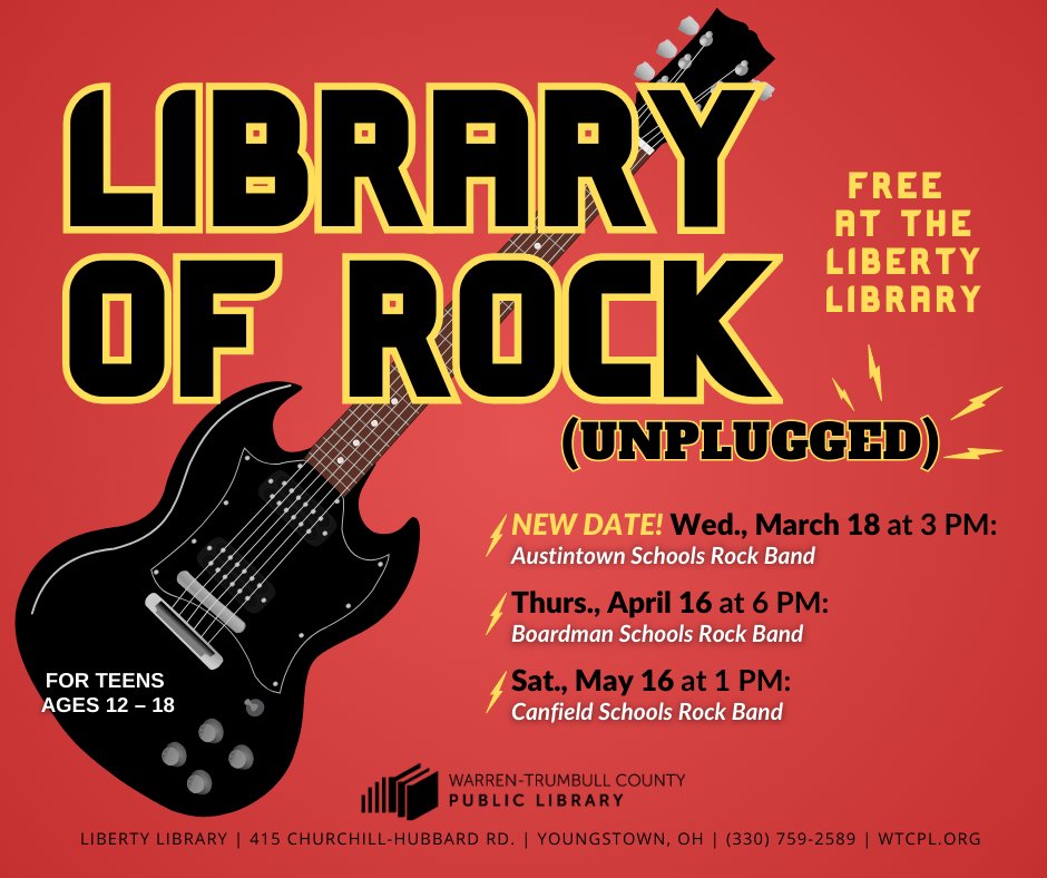 WTCPL's tweet photo. Great news for local teen rock fans! The performance by the Austintown Fitch Rock Band that had to be postponed due to severe weather has been rescheduled for 3 PM on Wed., March 18 at the Liberty Library! Free admission! #LibraryOfRock https://t.co/KWEdIkCB4P