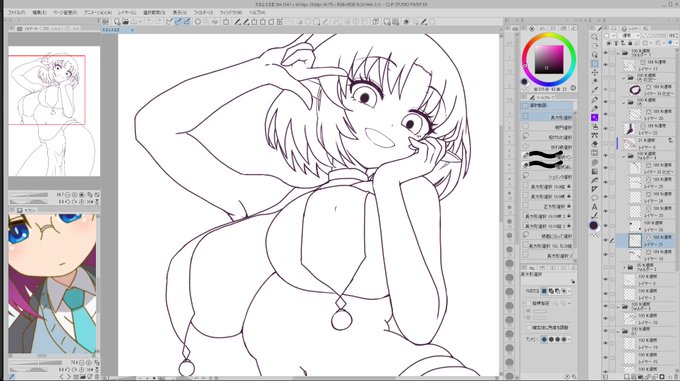 今日も元気です～ 少しずつ何らかの作業中です しっかり描く時は ラフ→線画→色塗りと 大体の絵で、普通の工程で作業していますが ラフをほぼかかず 線画という工程をはさまないで より自然なワークフローにするのが 飽き性な私にはベストだと思うんですが なかなか難しいですね