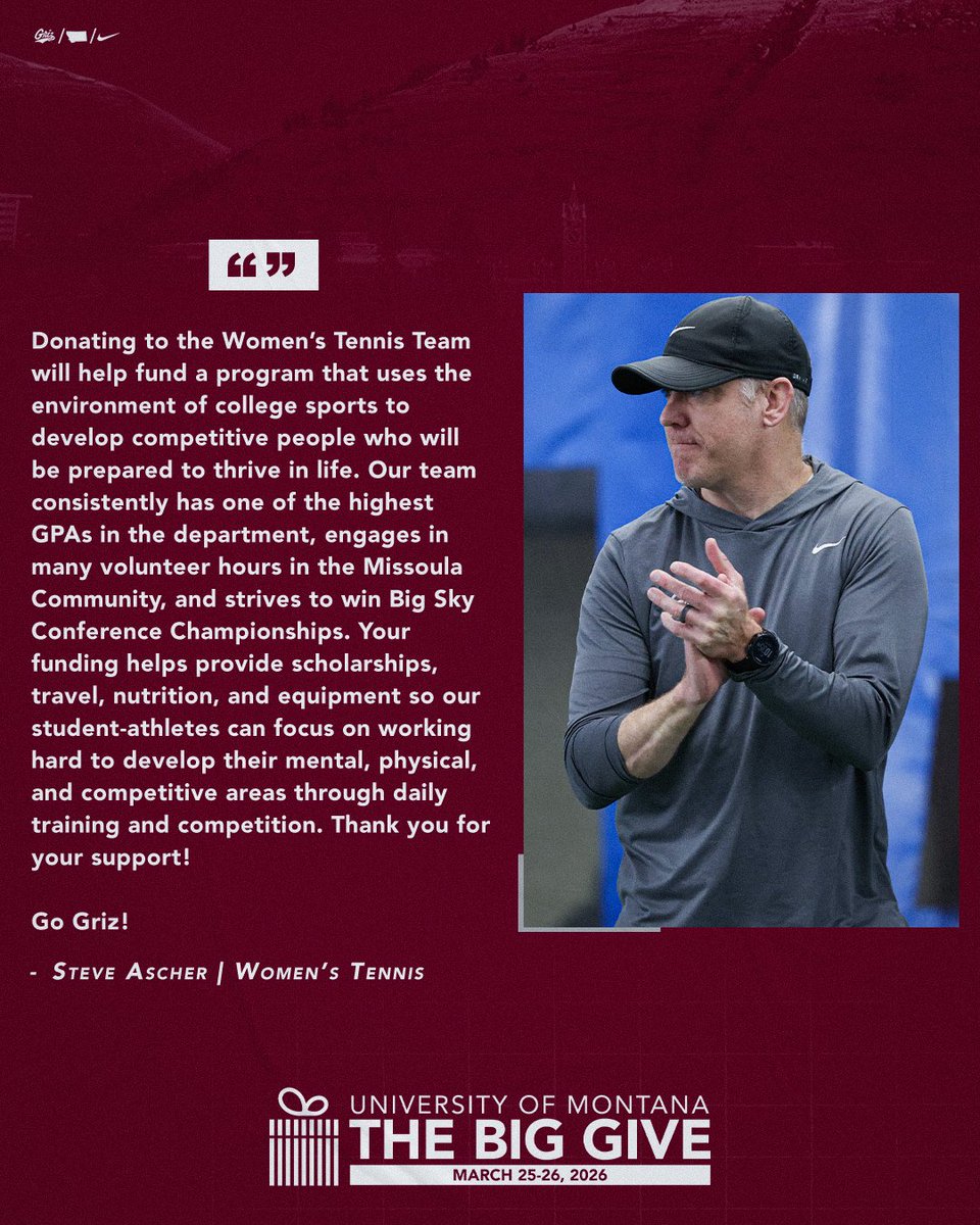 The BIG GIVE is almost here and our student-athletes are counting on your support of Grizzly Athletics! Follow the link and pledge your support early!

Every gift, no matter the size, adds up to something BIG!

🔗bit.ly/40bjbeN

#UMBigGive | #GoGriz