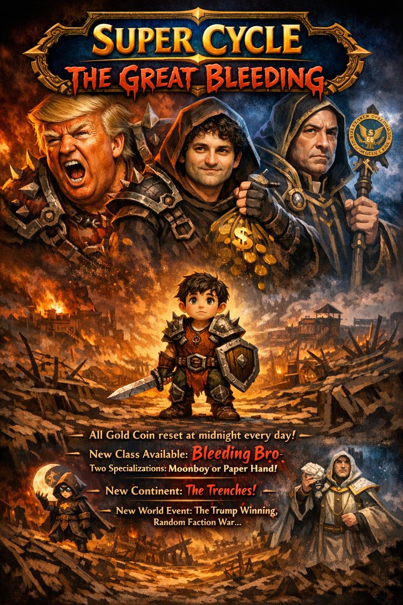 bleeding_bro's tweet photo. #BreakingNews !
@Blizzard_Ent #wow #Leak !
The next #saga will be called "Super Cycle" and the first extention will be named "The Great Bleeding" !
- New Class available : The Bleeding Bro - Two specialisation available : #Moonboy and #Paperhand
- New economical feature : All gold coin reset at midnight every day
- New continent : The Trenches
- Random world event : Faction War, Global Collapse, The #Trump Winnings...
- Difficulty as been adjusted : Every mob is now RektHardcoreMythical++
#BCB #BleedingCryptoBro #pumpfun #crypto #memecoin #1000x #BullRun #Iran #war