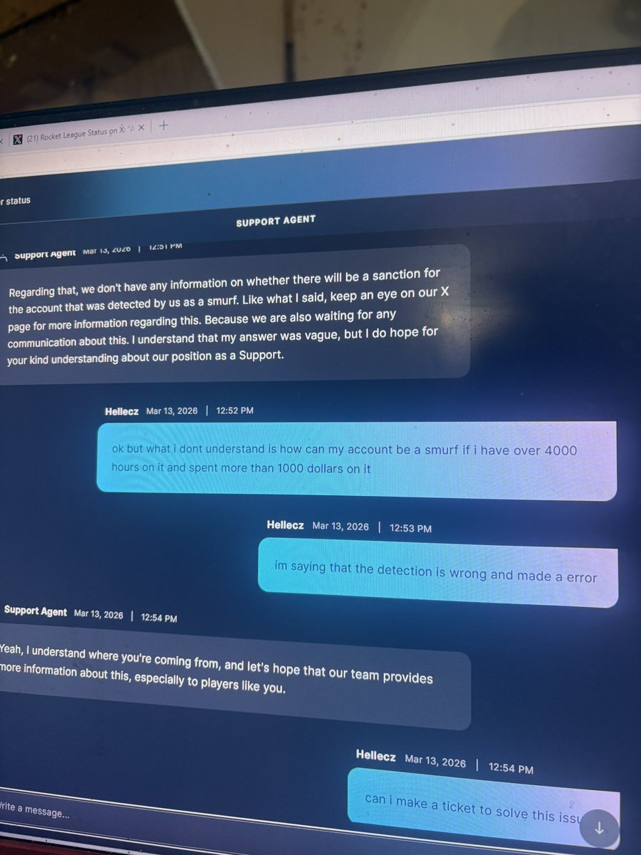Hellecz's tweet photo. @RLEsports @EpicGames @RL_Status @RocketLeague can you guys please tell me how I’m getting flagged as a Smurf when I have 4K hours in the game and over 1000$ spent on it??? https://t.co/YsM53uGi2T