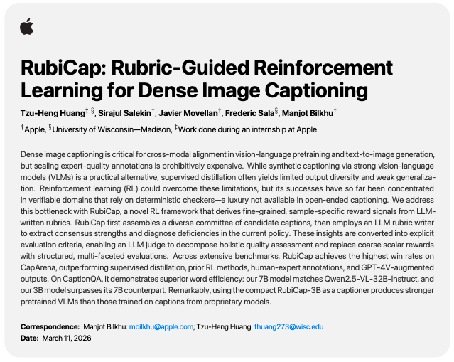 zihengh1's tweet photo. Scaling expert-annotated image captions is expensive. Supervised distillation from VLMs helps but has a diversity ceiling: models memorize the teacher's style and generalize poorly. Can RL fix this without a verifiable "ground truth"?

Introducing RubiCap: https://t.co/wRnZcIm4xf https://t.co/N0xdXsSAdA