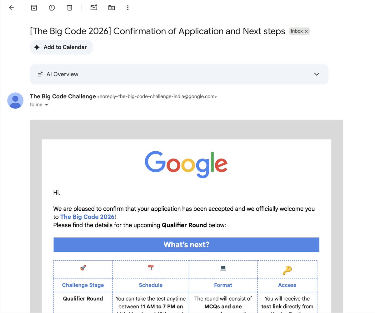 pr3mstwt's tweet photo. Excited to share that my application for Google The Big Code 2026 has been accepted! 🚀
Looking forward to the Qualifier Round and the challenges ahead.
#TheBigCode #Google #CodingChallenge #Developers https://t.co/YIHoVr8OuW