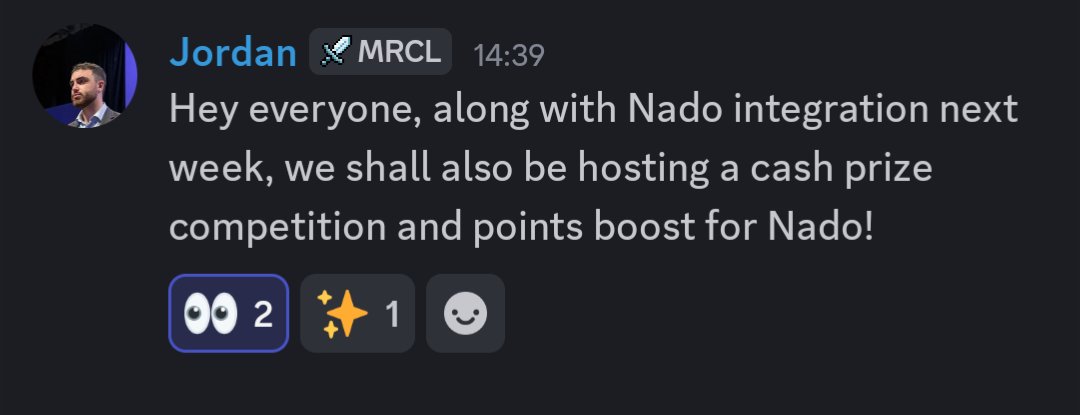 Some more info about the special event 

- <a href="/nadoHQ/">Nado</a> integration next week
- Trading competition with a cash prize
- Boosted points for trading on nado

Pretty sure that <a href="/miracletrade/">Miracle</a> is the only place to earn boosted nado points