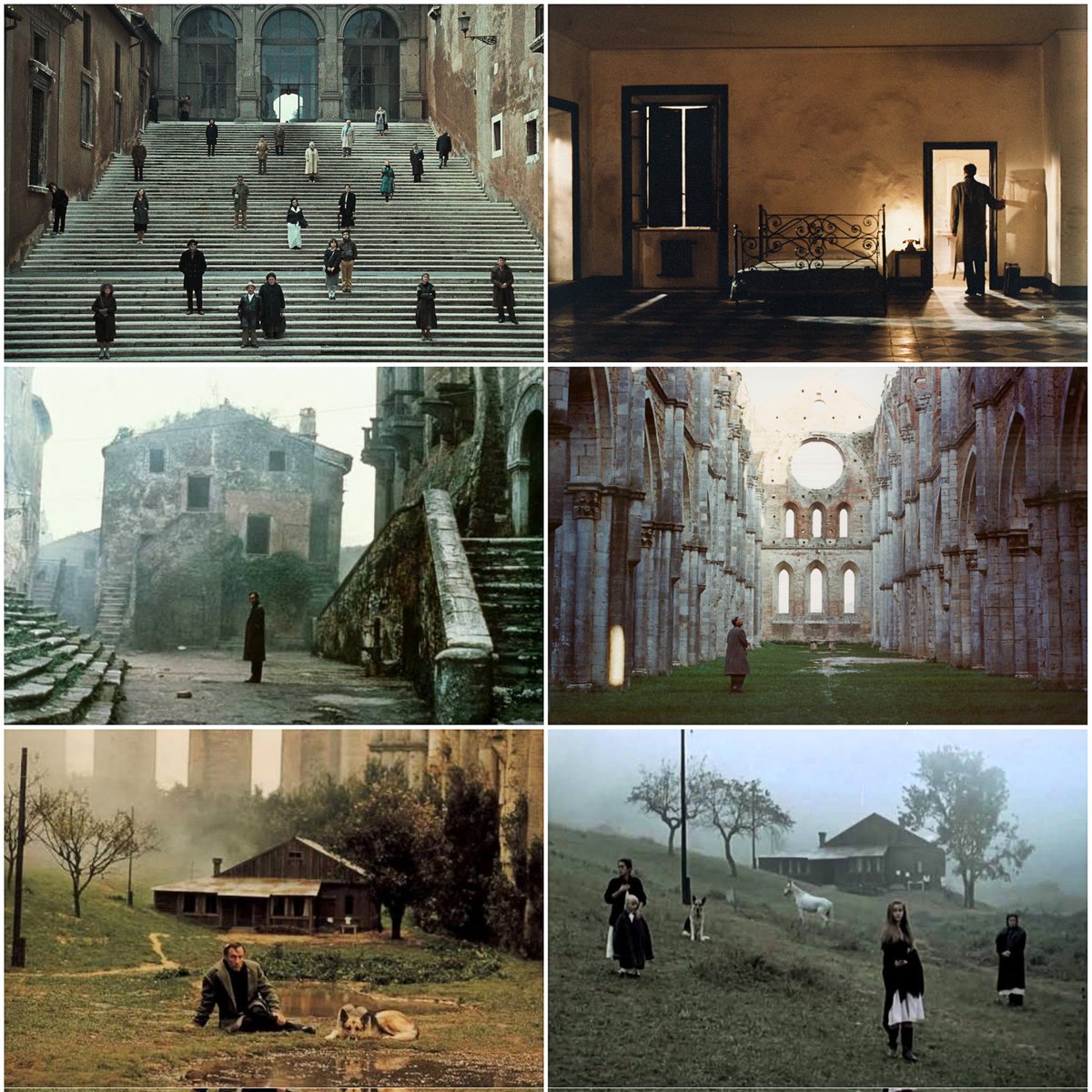 Tiene la niebla de Angelopoulos, la intimidad de Bergman y la melancolía de Fellini. Es bonita por su título y porque se habla en italiano. Viajar siempre es mi máximo objetivo cuando veo Cine, y aquí lo consigo

Me encanta ésta película

Nostalgia (1983, Andrei Tarkovski) 
❤️📽