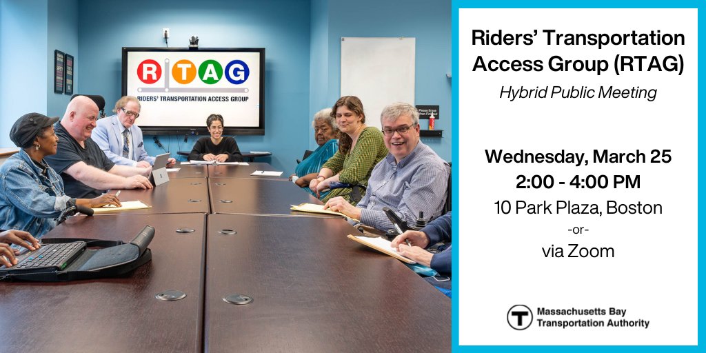 MBTA's tweet photo. The Riders’ Transportation Access Group (RTAG) is a customer organization that helps improve #TAccess. Join RTAG & the MBTA for a hybrid meeting on issues affecting seniors & people with disabilities.
🗓️March 25
⏰2-4pm
📍10 Park Plz, Boston
-or-
💻Zoom
ℹ️https://t.co/N4CSUYWil7 https://t.co/3jKRmC3Mi8