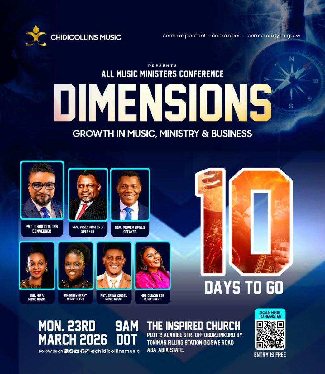 MinChidiCollins's tweet photo. We’ve entered the 10-day mark! The anticipation is rising as DIMENSIONS MUSIC CONFERENCE 2026 With PST Chidi Collins draws closer.

In just 10 days, gospel ministers, instrumentalists, producers, and music lovers will gather for a powerful moment of learning, inspiration, https://t.co/ucT0ufTacO