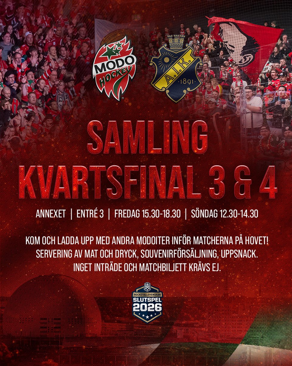 MoDoiter, förenen eder i Stockholm! 🙌

Inför både kvartsfinal 3 och 4 nästa vecka har vi gemensam uppladdning på Annexet, ett halvt stenkast från Hovet.

🎤 Uppsnack med gäster
🍕 Servering av mat och dryck
🧣 Souvenirförsäljning
🏭 Garanterad MoDo-inramning

Tider: 15.30-18.30