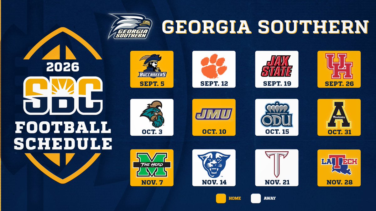 𝗚𝗘𝗢𝗥𝗚𝗜𝗔 𝗦𝗢𝗨𝗧𝗛𝗘𝗥𝗡.

Sun Belt announces 2026 <a href="/GSAthletics_FB/">Georgia Southern Football</a> schedule. ☀️🏈

📰 » sunbelt.me/47KUo5l