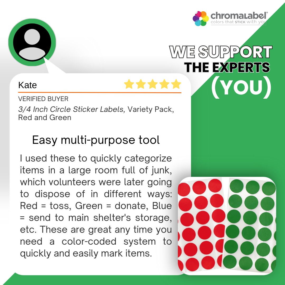 ChromaLabel's tweet image. Quick, easy, and color-coded! 🌈 One of our customers used 3/4" circle stickers to sort a room full of items—red for toss, green for donate, blue for storage. Perfect for any project that needs fast, clear organization! 🏷️✨ 
#ColorCodedLife #ChromaLabel #OrganizationMadeEasy