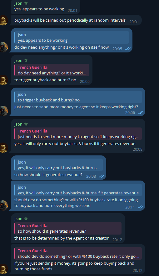 full conversation here with pump team 
as our $agent don't have spesific reqs it will burn all the fees send it right now it's 1k usd. 
If we order anything different for example burn it when we claim ath or burn it when we down %10 from ath to agent it will do that <a href="/imsheepsol/">Sheep</a>