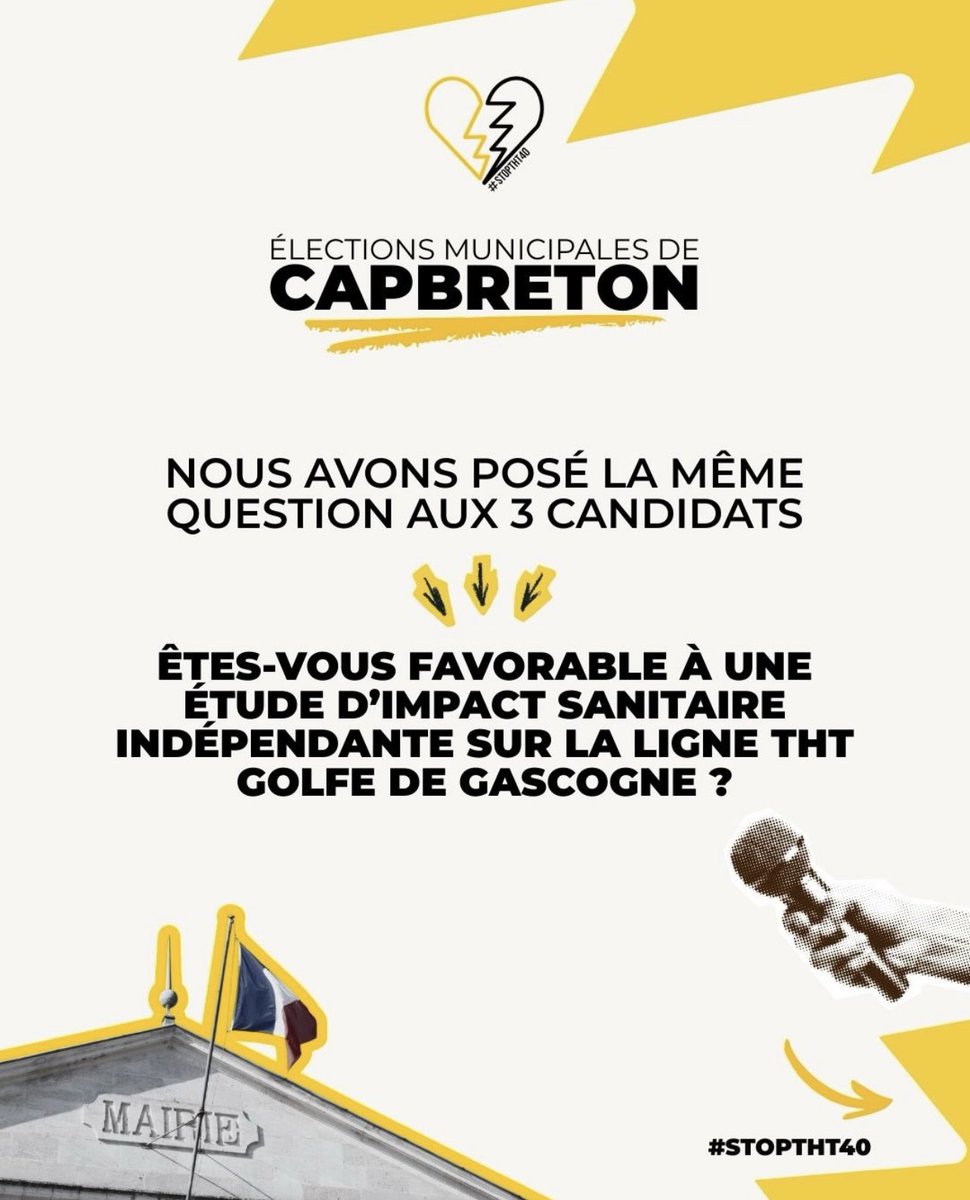 StopTHT40's tweet photo. ELECTIONS MUNICIPALES de #CAPBRETON
Nous avons posé la même question aux 3 candidats :
"Êtes-vous favorable à une étude d'impact sanitaire indépendante sur la ligne THT Golfe de Gascogne ?"
1/2 #400000volts #THT #electionsmunicipales #Landes https://t.co/Q4UPhjgsfH