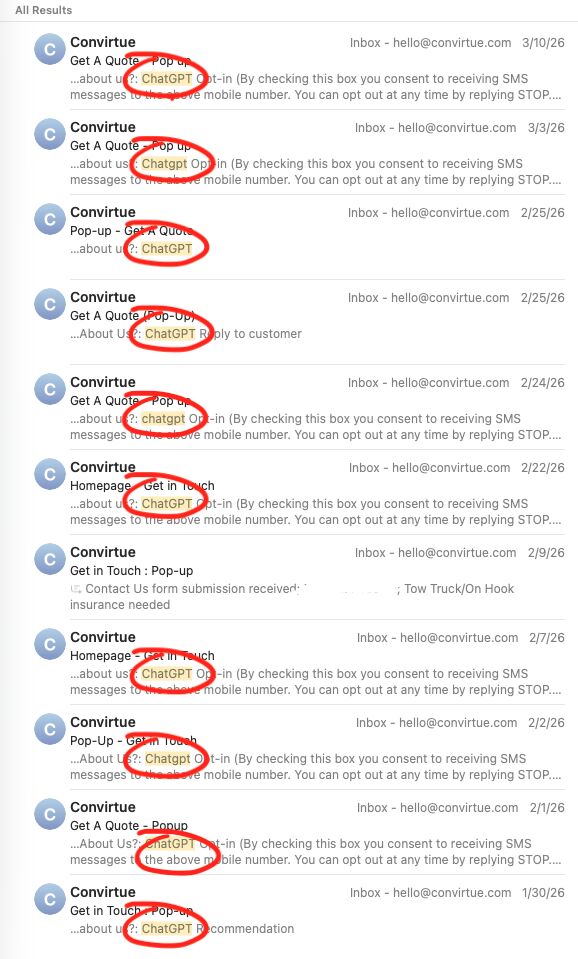 I just finished watching a video of a well-known insurance marketing vendor telling their clients to ignore LLMs because Google has most of the search market share.

Meanwhile, we had 7 insurance agency clients that generated 10-15% of their leads from LLMs last month.

Someone