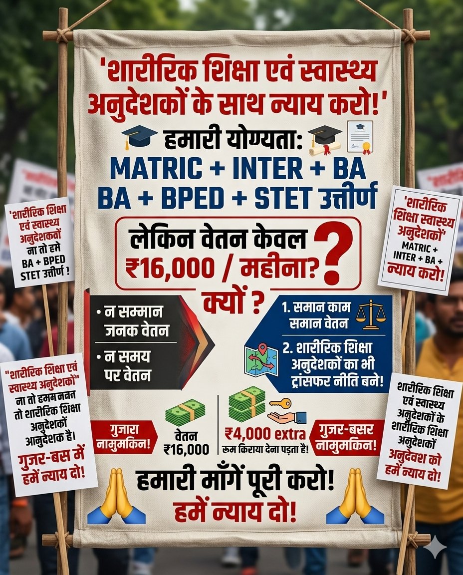बिहार के 2300 शारीरिक शिक्षकों की पीड़ा

बिहार में बहाल लगभग 2300 शारीरिक शिक्षक पिछले चार वर्षों से अंशकालिक व्यवस्था की मार झेल रहे हैं। इन शिक्षकों को “अनुदेशक” का नाम देकर नियुक्त तो किया गया, लेकिन आज तक इन्हें पूर्णकालिक शिक्षक का दर्जा नहीं दिया गया। नतीजा यह है कि ये