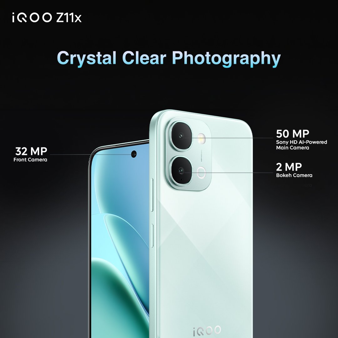 ByteBlaze1's tweet photo. Hereโs the camera setup.
#iQOOZ11x comes with Crystal Clear Photography featuring a 50MP main camera, 2MP depth sensor, and a 32MP front camera, so every shot looks sharper and more detailed.
#iQOOZ11xLaunch #LaunchingNow #AmazonSpecials https://t.co/HOI6ifaB88