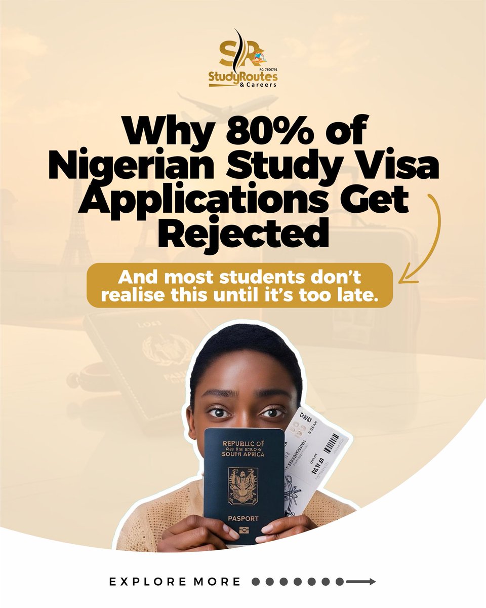 StudyRoutesng's tweet photo. 80% of Nigerian study visa applications get rejected.
And most students don’t know why.
It’s rarely about intelligence or qualifications.
It’s all about strategy.

Here are 4 mistakes that causes most rejections 🧵 https://t.co/O0gYwTlc0o