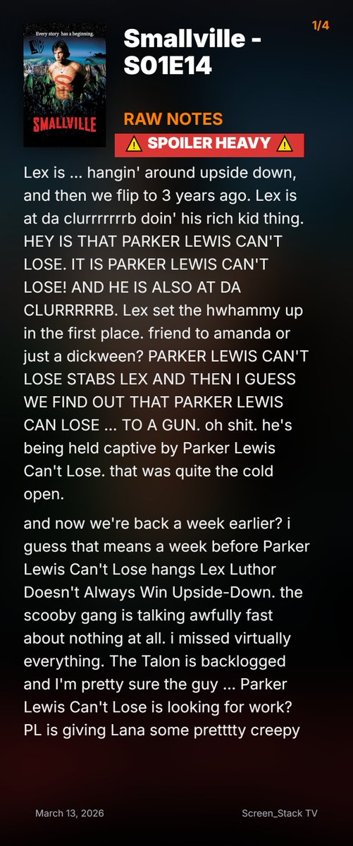 StackScreen7878's tweet photo. Smallville's S1E14 'Zero' raws have more Parker Lewis than you can handle, a very handy gift for Lex Luthor, and enough Chloe Sullivan shade to block out the Smallville sun. Read 'em if you dare. Check the comments for the final page! #rawnotes #Screen_Stack #Smallville25 https://t.co/knESCstSMO