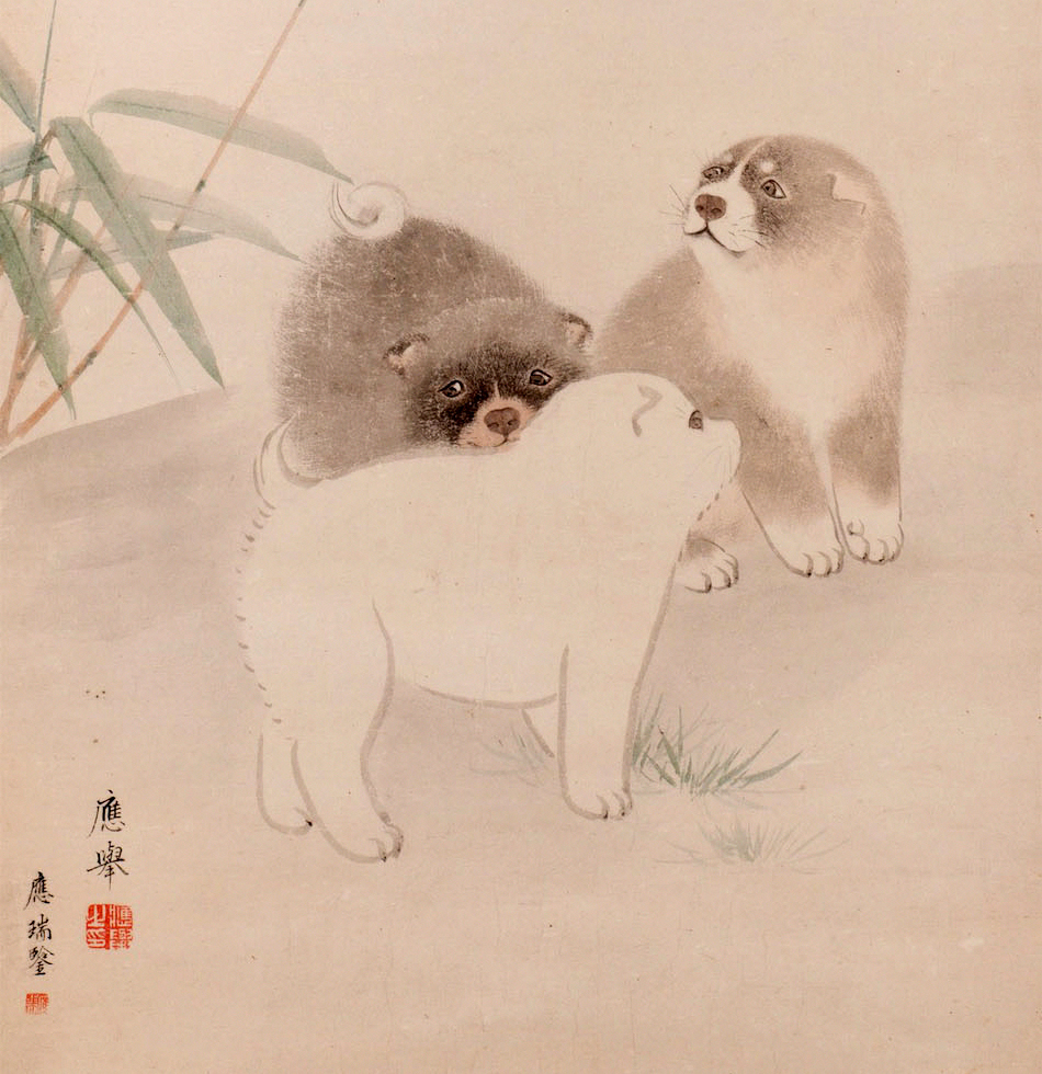 Puppies (Kushi-zu). Artist: Maruyama Ōkyo (1733-1795). Date: c. 1790. Medium: Ink and color on paper, hanging scroll (kakejiku). Dimensions: 106.5 × 41.5 cm. Collection: Tokyo Fuji Art Museum.

What really set Ōkyo apart from established schools of his time, like Kanō and Tosa,