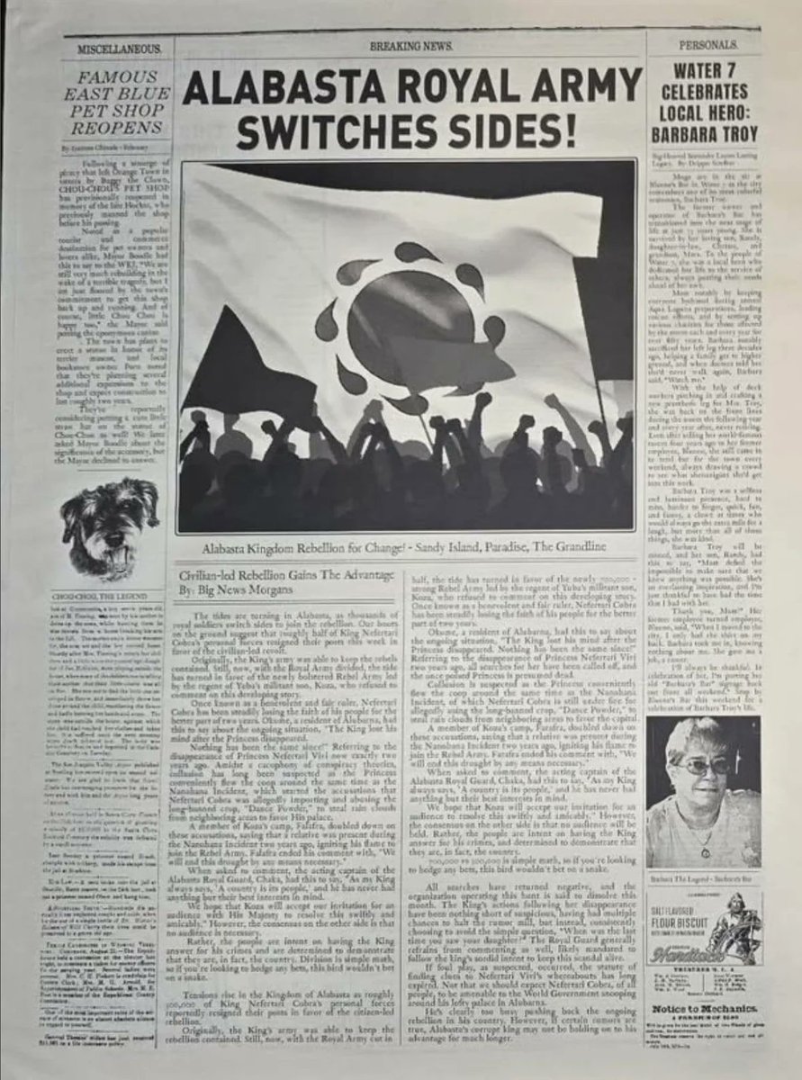 whatonnetflix's tweet photo. Full view of Mr. 5's newspaper seen in ONE PIECE Season 2. 

Courtesy of visual artist Randy Troy. https://t.co/ydWgJICuCx