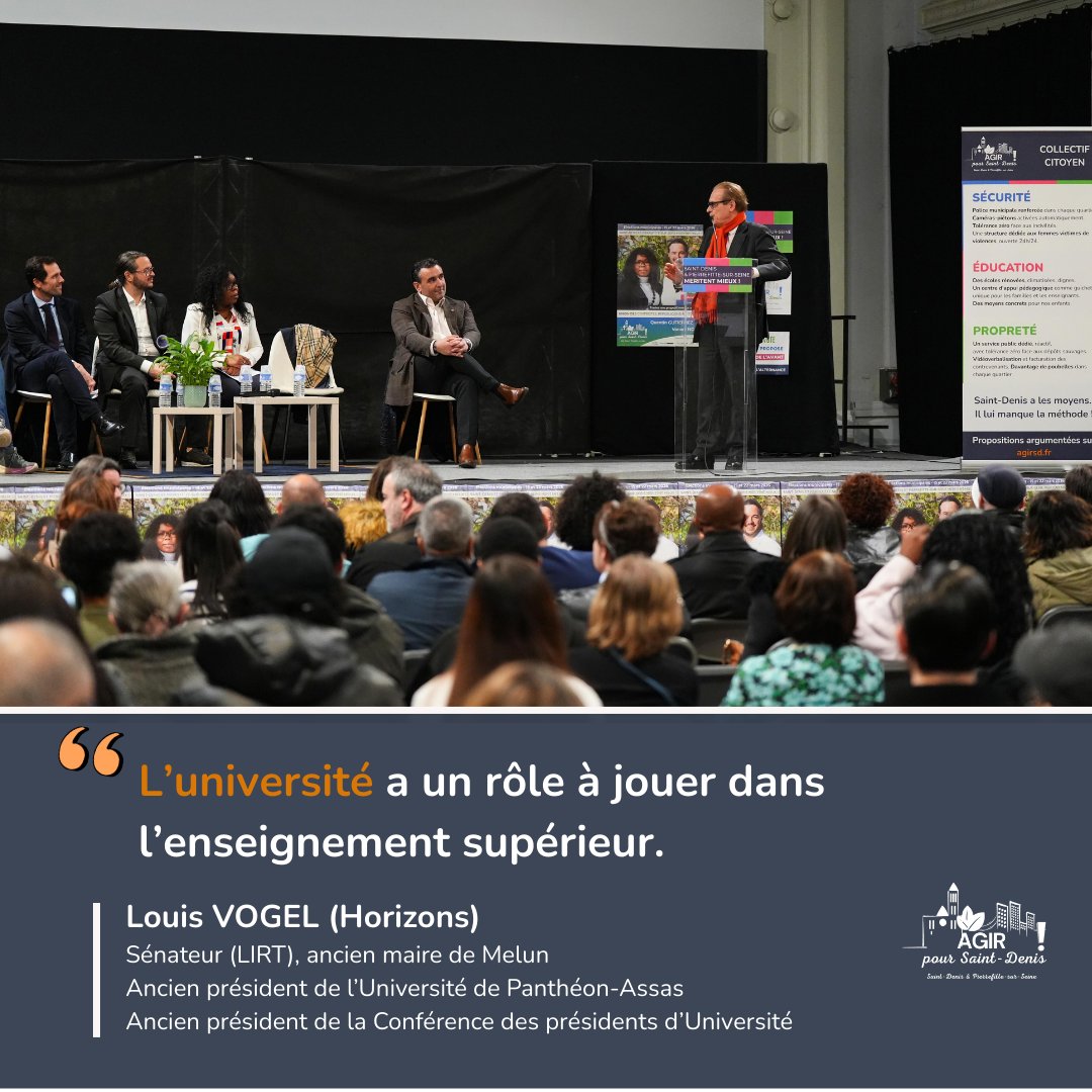 <a href="/louisvogel/">Louis Vogel</a>, sénateur Horizons, ancien président de la Conférence des présidents d'université, l'a dit hier soir : l'université est le premier levier d'émancipation des classes populaires.
Saint-Denis accueille Paris 8. 
AGIR soutient l'école et le tissu associatif local.
