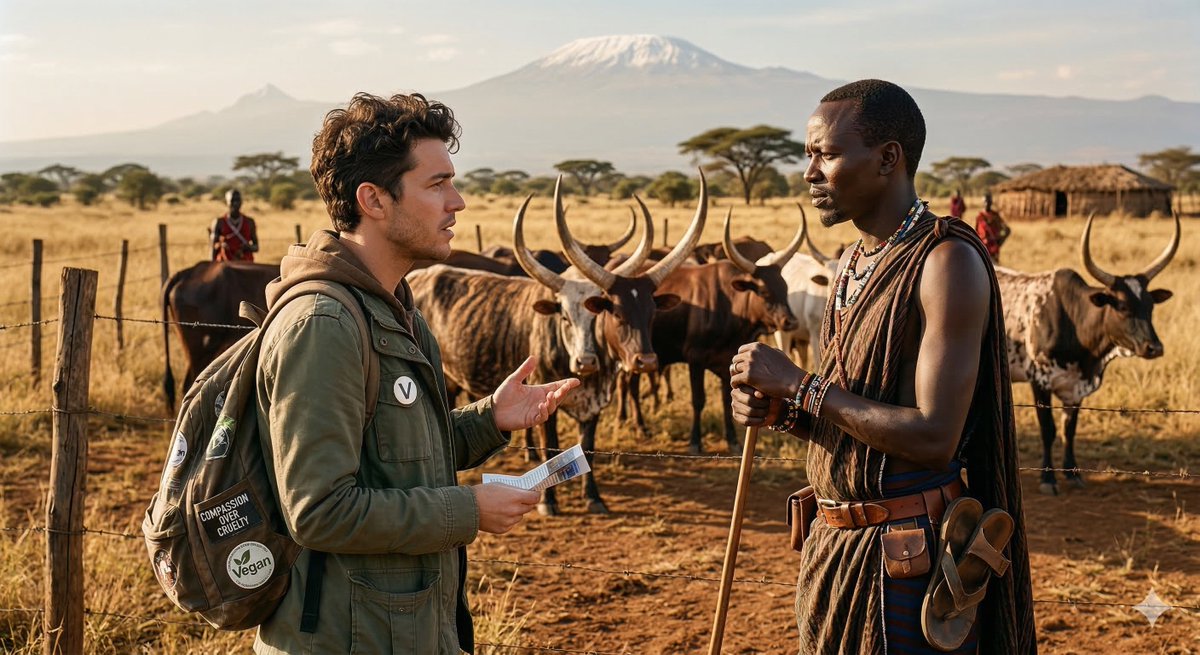 SamaHoole's tweet photo. Activist: "The world needs to go vegan to save the planet."
Herder: "Which world?"
Activist: "All of it. Globally."
Herder: "I live on the Kenyan savanna. I have cattle and goats."
Activist: "Transition to plant-based."
Herder: "To what plants? On semi-arid grassland at forty degrees?"
Activist: "With support..."
Herder: "My cattle are my food, my savings, my medicine, and my culture."
Activist: "It's still unsustainable."
Herder: "My family has herded here for two thousand years."
Activist: "The planet is changing."
Herder: "I know. I can see it."
Activist: "Then you understand."
Herder: "I understand that the people who made the planet change are telling me to stop eating."