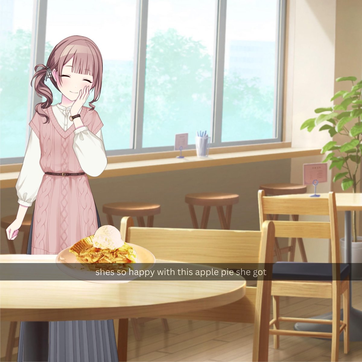 LeoneedBase's tweet photo. |📸| Saki posted an image of Honami with an apple pie stating "shes so happy with this apple pie she got". https://t.co/O0TRd7f3Mi