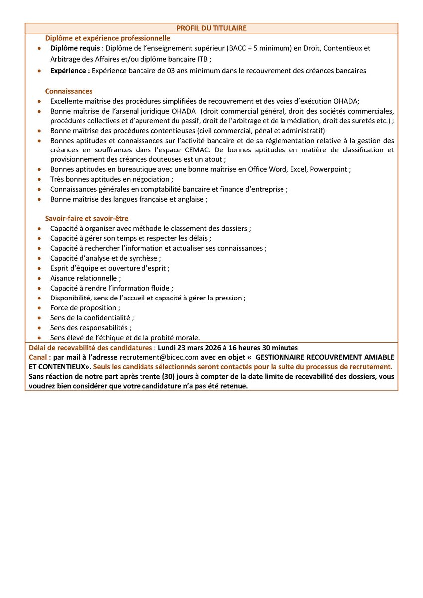 BICEC_SA's tweet photo. [Nous recrutons]
Dans le cadre du renforcement de ses équipes, la BICEC recrute un Gestionnaire Recouvrement Amiable et Contentieux, rattaché à la Direction Recouvrement Amiable et Contentieux.
Date limite de dépôt des candidatures : lundi 23 mars 2026 à 16h30
#BICEC #recrutement https://t.co/eKXtEsnvyi