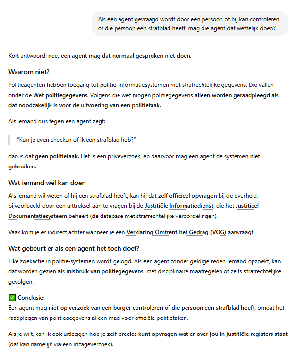 <a href="/politie_johan/">Johan Dubbeldam</a> @politie Was Johan hier niet strafbaar?

Een agent mag toch niet zomaar controleren of iemand een strafblad heeft, zonder dat dit noodzakelijk is voor de uitvoering van een politietaak?

Dat is in strijd met de regels voor gebruik van politiegegevens, nietwaar?

Misbruik dus...