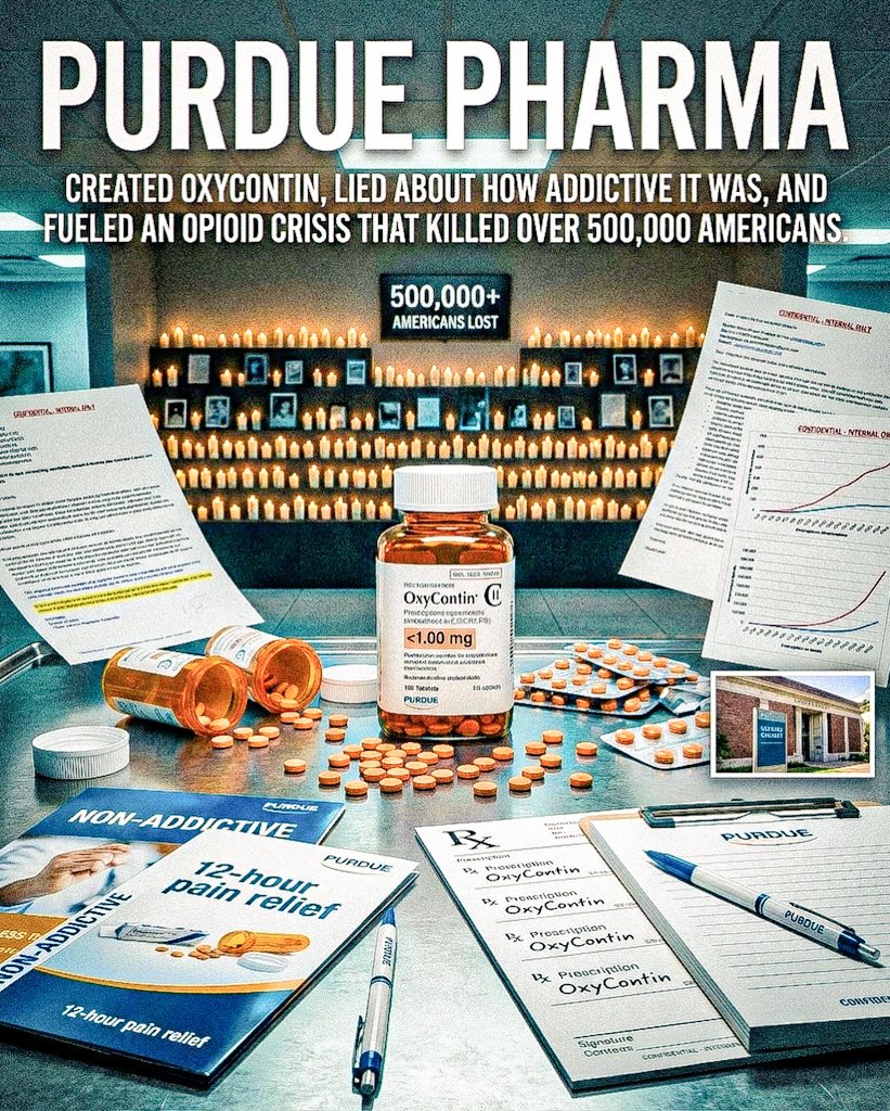Truly_Kaka's tweet photo. Purdue Pharma lied about the addiction risks of the opioid painkiller OxyContin

Patients returning frequently for more medication

Was aware of the abuse of OxyContin but concealed this information to maximize profits

Over 500,000 Americans died
💊
#misuseofpower #Corporate https://t.co/TK3Z6IFv44