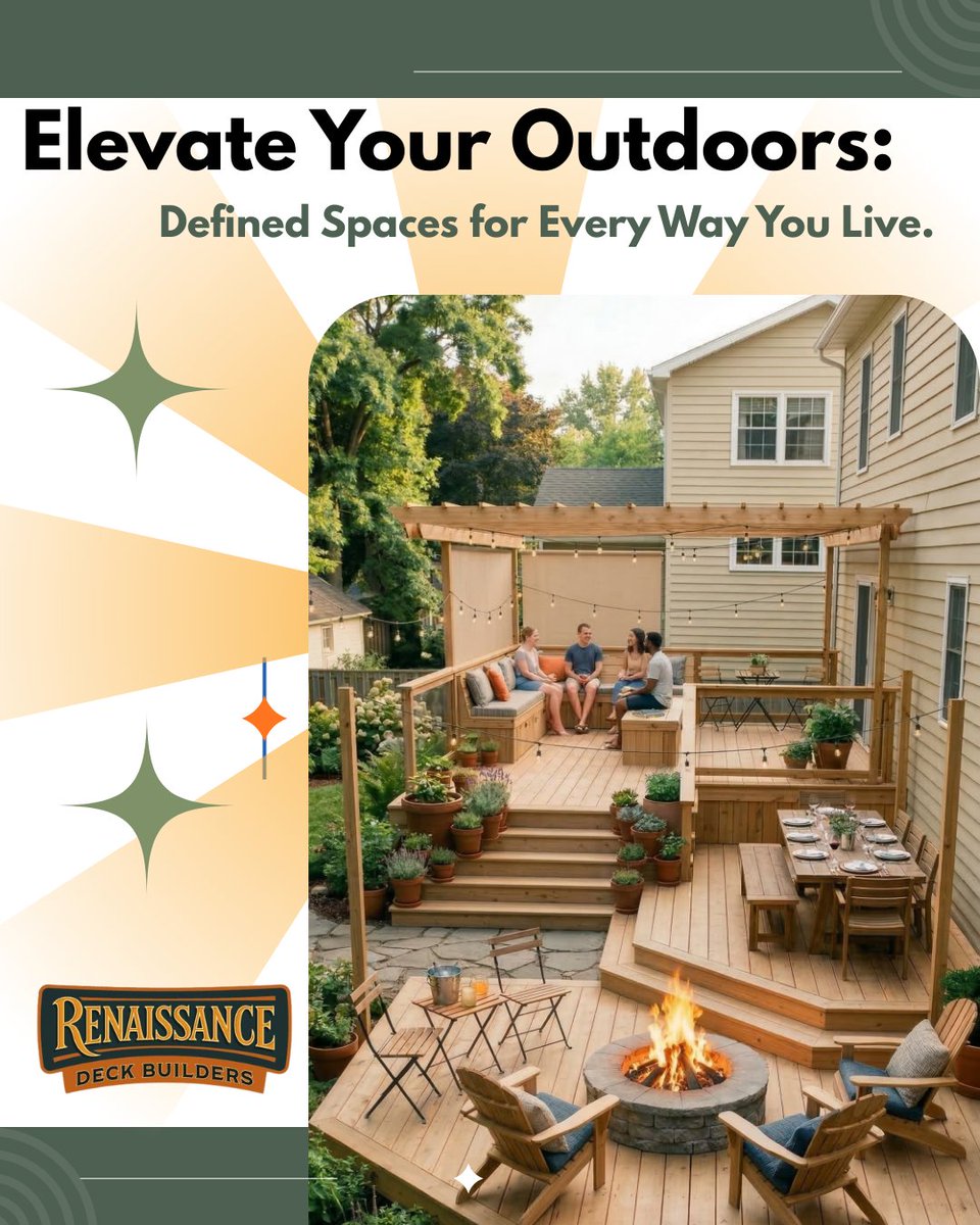 rendecks's tweet image. Multi-level decks bring style and function together. 🪵
Perfect for dining, lounging, and entertaining. 🏡
#MultiLevelDeck #DeckDesign #OutdoorLiving #RenaissanceDeckBuilders