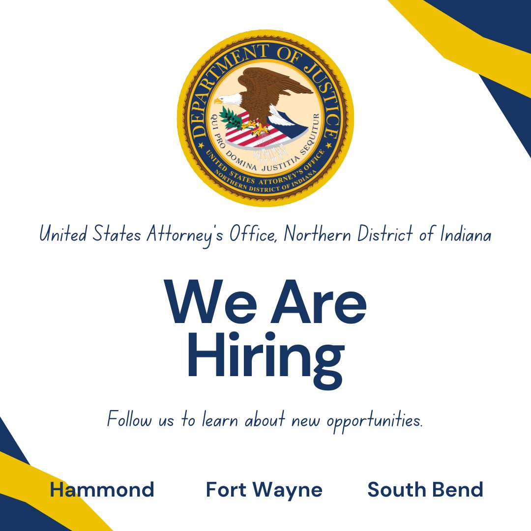 USAO_NDIN's tweet image. 🚨Now Accepting Applications! 🚨

The United States Attorney’s Office in Northern Indiana is seeking a Records and Information Management Specialist. 

To learn more and apply visit: usajobs.gov/job/859603900 

#DOJ #PaidLeave #HealthBenefits and more…