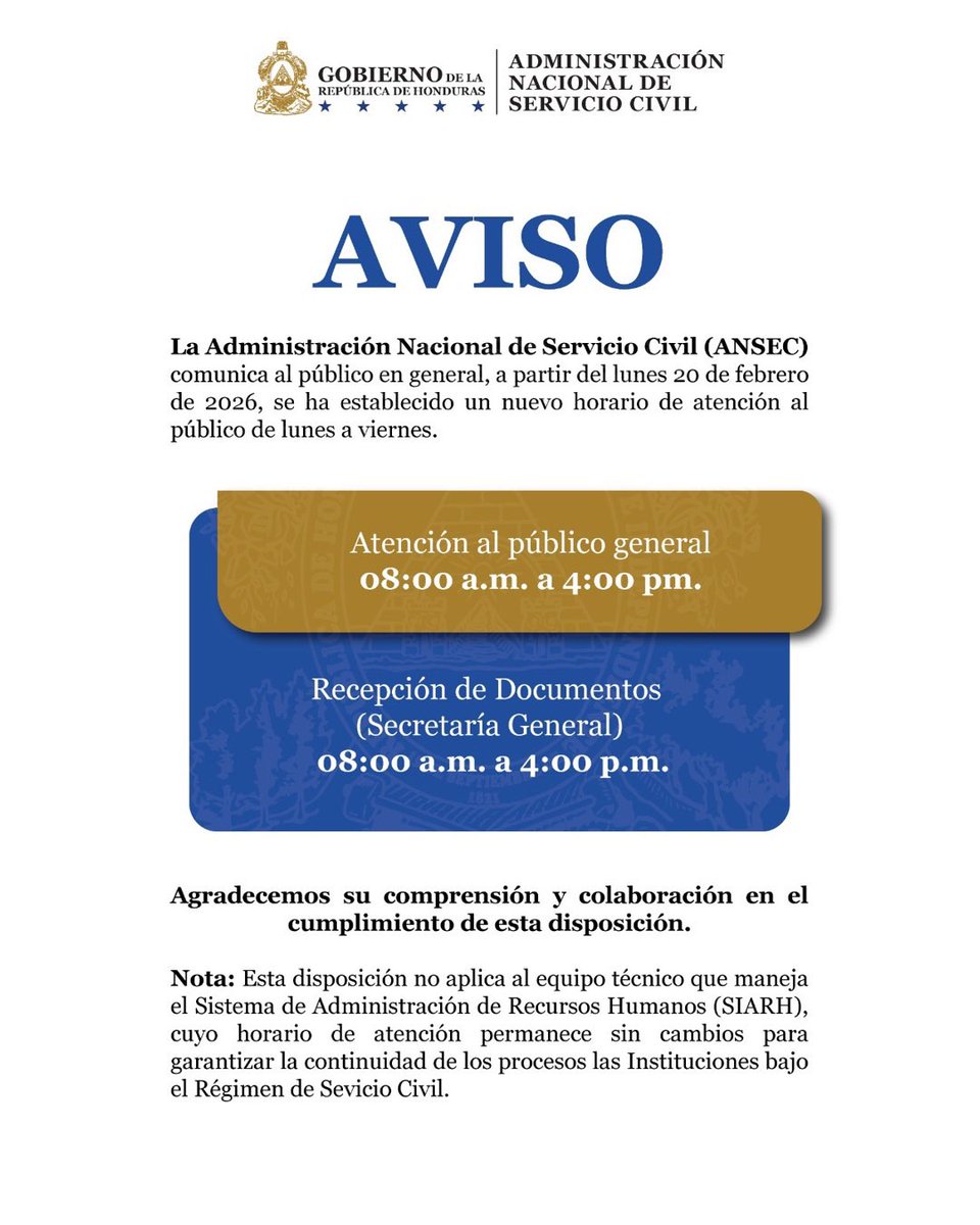 La Administración Nacional de Servicio Civil (ANSEC) comunica al público en general que se ha establecido un nuevo horario de atención y recepción de documentos en la Secretaría General.

El horario de atención al público y a los servidores públicos será de lunes a viernes, de