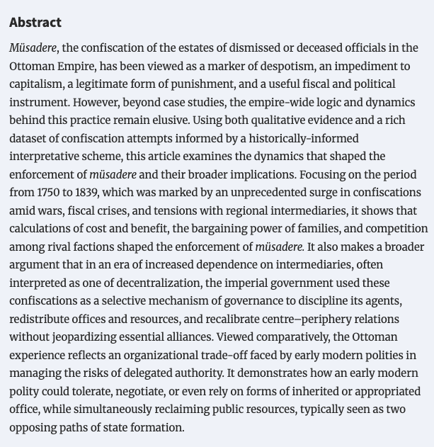 I am pleased to share that my article "Confiscation as Governance in the Ottoman Empire, 1750-1839" has been published online by Past and Present. Please find it here: doi.org/10.1093/pastj/…, or contact me if you would like a copy.