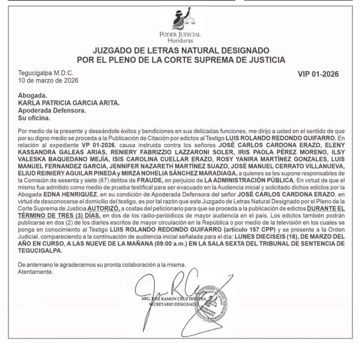 Ex presidente Luis Redondo,
El Juez Natural que lleva nuestro caso por la acusación que nos ha hecho el Ministerio Público, ha autorizado su comparecencia en calidad de testigo para ayudarnos a entender la naturaleza del fondo de administración solidaria que ustedes crearon en el