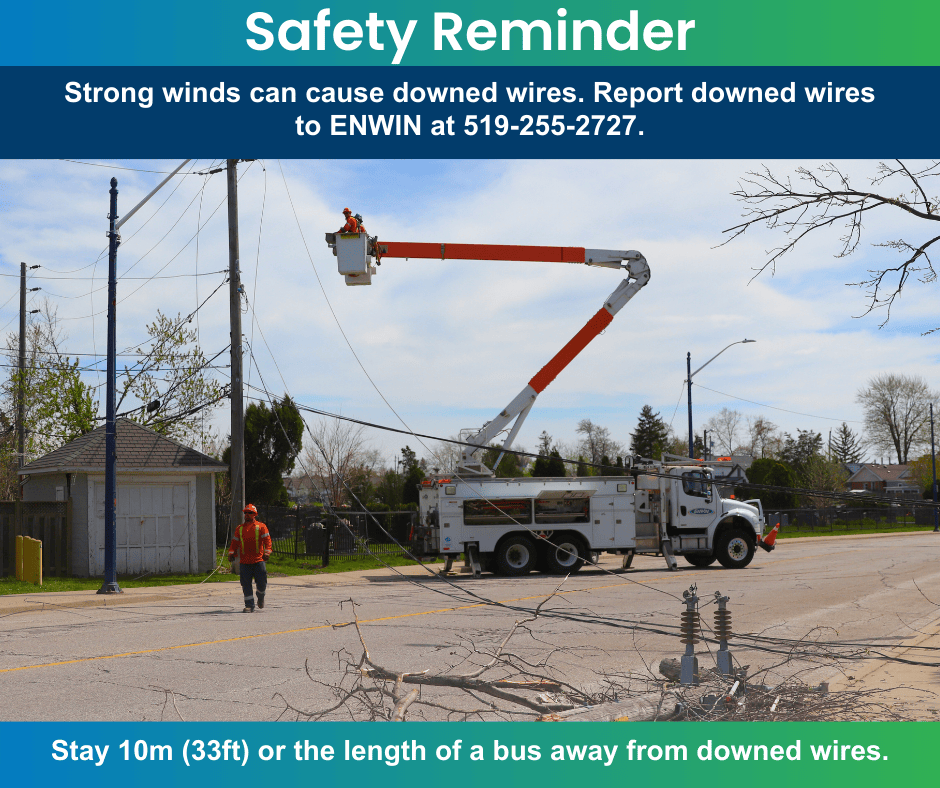ENWINUtilities's tweet photo. 🌬️ Strong winds are expected today. Please stay safe!
If you see a fallen power line or tree limbs on wires: stay back and do NOT touch them.
⚠️ Call 911 or ENWIN immediately to report it. Visit ENWIN's outage map: https://t.co/LNOUJei5ws
#YQG #SafetyFirst #StaySafe #ENWIN https://t.co/bAjmaBJNf9