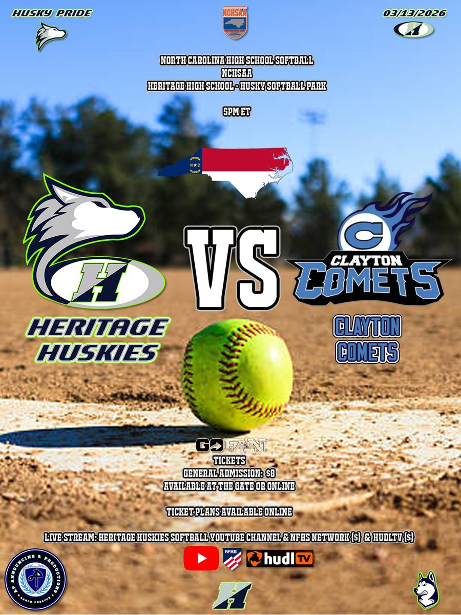 ☀️ Today (03/13/2026) 📆
🏫 High School Softball 🥎

Heritage Huskies 🐺 
🆚️
Clayton Comets ☄️ 

🕔 5pm ET

📍Husky Softball Park

🎭 Teacher Appreciation Night 

📺 Heritage Huskies Softball YouTube Channel

#HuskyPride