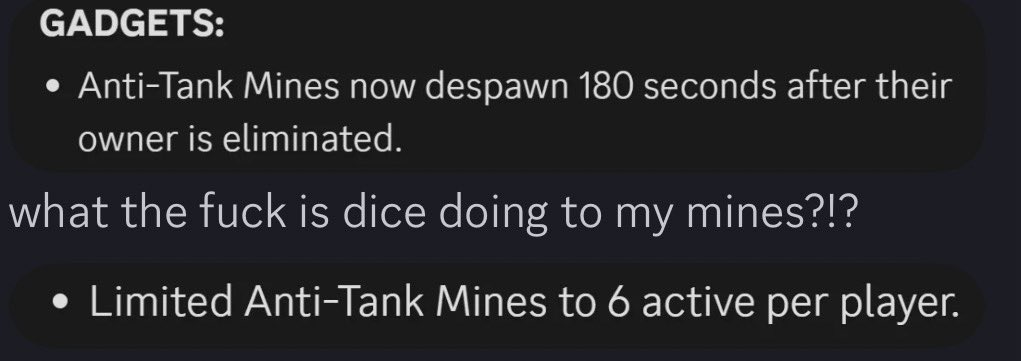 photoguyeric's tweet photo. @EA_DICE @Battlefield 

Uh. This isn’t how mines work. This BF4 player is about to go play @helldivers2 or @ARCRaidersGame if you keep this shit up. Turn it back the way it was. 

And bring us bigger maps. The meat grinder effect is for @CallofDuty   And I might go back to that. https://t.co/kHVaFQcTuR