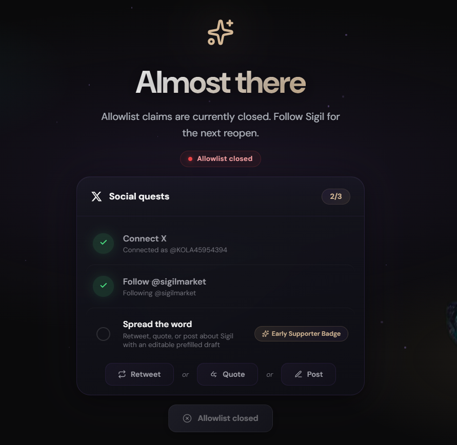Claim <a href="/sigilmarket/">Sigil</a> early supporter badge 🪂
steps: --> 
Visit: sigil.market/early-access-->
 Connect Xverse/Unisat/Leather wallets --> Claim username, complete simple tasks  don't bookmark