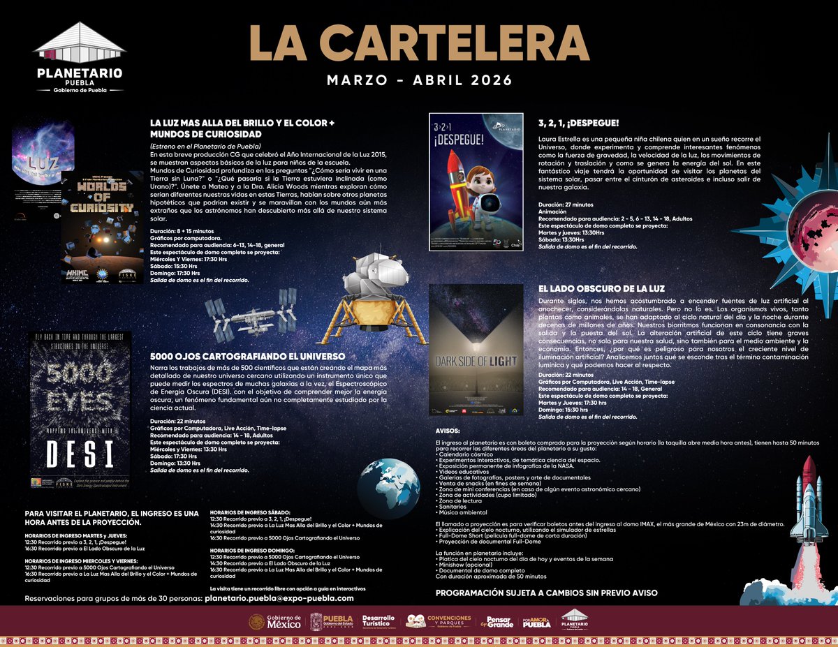 🚀✨ Consulta la cartelera y elige tu próxima experiencia espacial. 

Revisa horarios disponibles y prepárate para un viaje sorprendente. 🌌 

🎟️ $80 pesos.
📩 planetario.puebla@expo-puebla.com

#PueblaElLatidoDeMéxico #CienciaParaTodos #ViveElCosmos