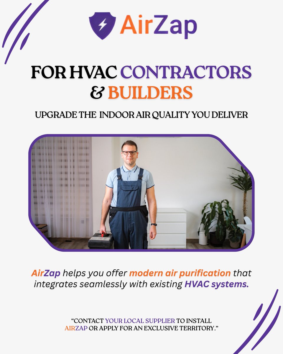 Airzapp's tweet photo. For HVAC Contractors &amp; Builders:

Upgrade the indoor air quality you deliver.

AirZap integrates seamlessly with existing HVAC systems to provide modern whole-home air purification.

Install today or apply for an exclusive territory.

Hashtags

#HVAC #IndoorAirQuality https://t.co/O8Mb50tks7