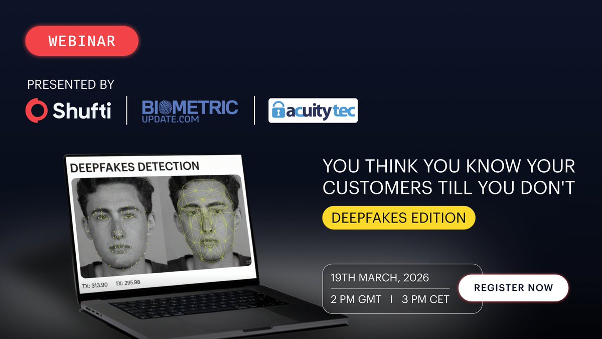 acuitytec's tweet photo. Deepfakes and synthetic identities are reshaping fraud.

Join AcuityTec, Shufti &amp; Biometric Update on March 19 as we explore how operators can close the growing identity blind spot and detect AI-driven identity fraud.

Mar 19 at 2PM GMT | 3PM CET
Register: https://t.co/quRTeDVAT5 https://t.co/mbC8dv27s0