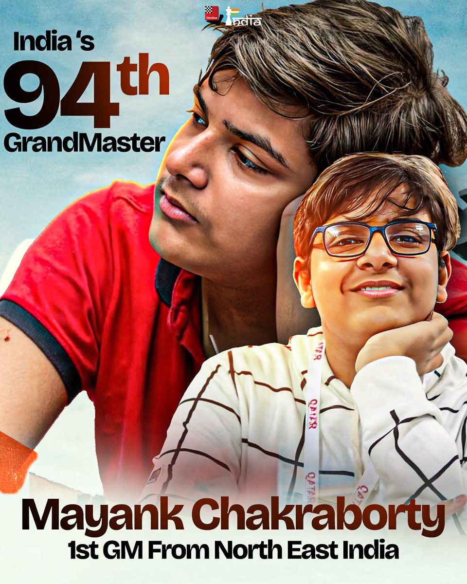 ChessbaseIndia's tweet photo. Huge congratulations to India's latest Grandmaster, and the first chess player to become a Grandmaster from North-east India - Mayank Chakraborty! Mayank becomes the country's 94th GM.

Mayank completed his 3rd and final GM Norm at the Hotel Stockholm North by First Hotels Young talents!After 8 rounds of play, Mayank is leading the tournament by a full point - he is on 6.5/8 points. After defeating IM Philip Lindgren in the 8th round today, Mayank has made his final GM norm with a round to spare! 

Hailing from Guwahati, Assam, Mayank was the highest-rated player from the entire north-east India for a while now - and now he has become the first Grandmaster from that region! Huge congratulations to Mayank, his team and his family for this amazing achievement.

Important note: Mayank's final round opponent, IM Willow Jonah B needs to turn up to the board tomorrow for Mayank's final GM norm to be valid! Once Mayank's opponent makes the first move at 1:30 PM IST tomorrow, he officially becomes the latest Chess Grandmaster of India.

Graphic: Anmol Bhargav
#chess #chessbaseindia #mayankchakraborty #northeastindia #Grandmaster