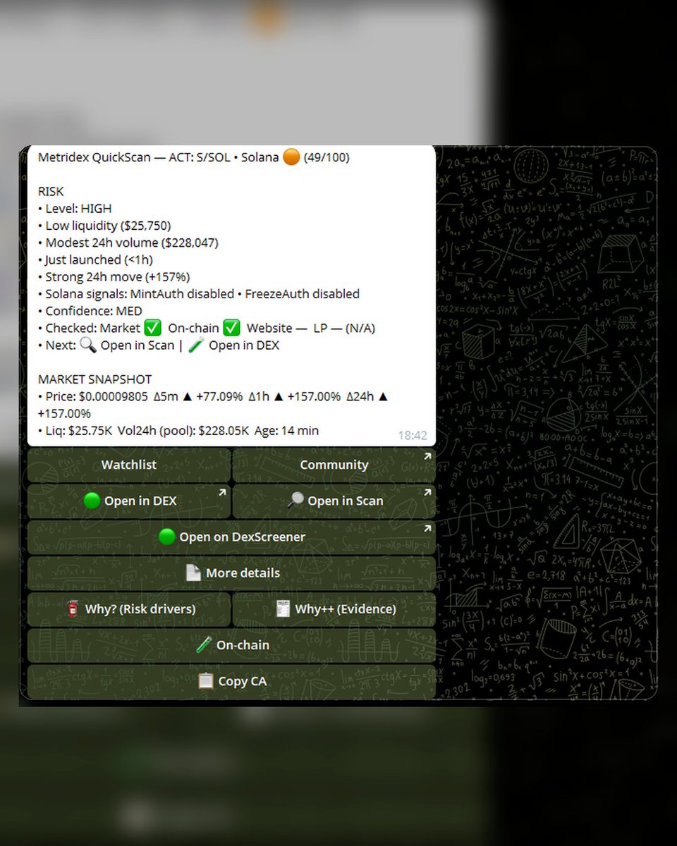 MetridexBot's tweet photo. New Solana mint (age ~14m) — QuickScan flags HIGH RISK (49/100)What stands out:
Liquidity: ~$25.7K (thin = easy to rug / wick)
Vol24h: ~$228K (hype spike)
Move: +77% (45m) / +157% (1h)
✅ MintAuth disabled / ✅ FreezeAuth disabled (good, but not a free pass)If you’re aping: check LP status, top holders, deployer history, socials. Scan before you ape. 🧪#Solana #Crypto #DeFi #Memecoin #SolanaToken #DexScreener