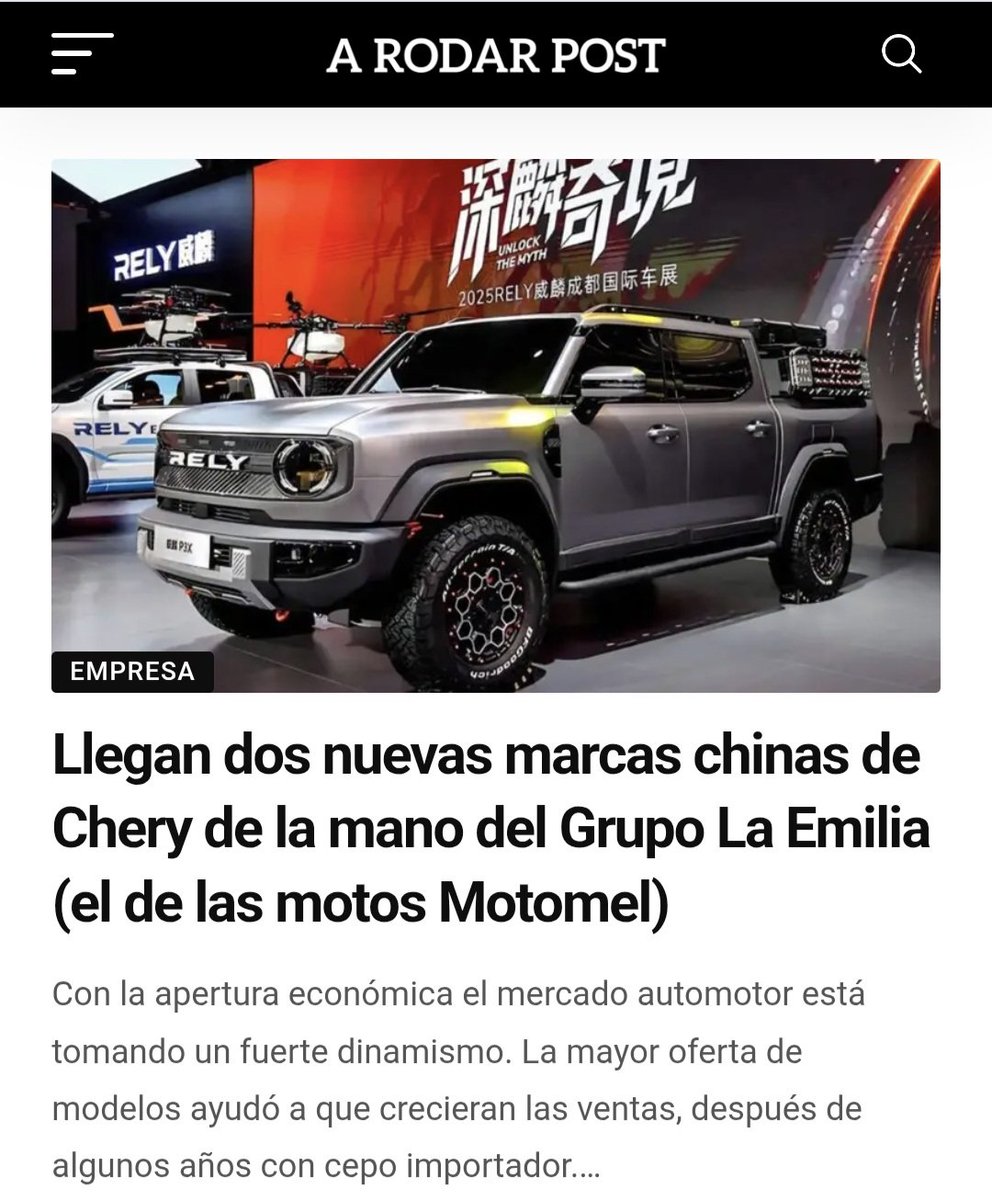 Dato. Desembarcan dos nuevas marcas chinas: Rely y Karry. Pertenecen a Chery, pero llegarán importadas por el Grupo La Emilia, el q vende las motos Motomel. La primera es de pick-ups. La otra, se especializa en minitrucks. Toda la info, acá 👇
arodarpost.com.ar