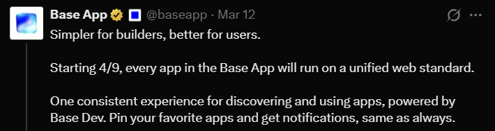 basemalayali's tweet photo. Base App ഒരു വലിയ മാറ്റത്തിലേക്ക് പോകുന്നു Web-native apps മോഡലിലേക്ക്.

വരാനിരിക്കുന്ന ആഴ്ചകളിൽ Base പുതിയ developer tools Base.dev-ൽ rollout ചെയ്യും.

April 9 മുതൽ Base App ഇനി Farcaster mini-app standardയും Neynar infrastructure-ഉം support ചെയ്യില്ല. അതിനു പകരം apps standard Web App model-ൽ run ചെയ്യും.

ഇതിന്റെ അർത്ഥം:
• Apps സാധാരണ web apps പോലെ run ചെയ്യും
• Wallet connection default ആയി work ചെയ്യും
• Separate mini-app SDK ആവശ്യമില്ല
• Developers-ക്ക് web app build ചെയ്ത് Base.dev-ൽ register ചെയ്‌താൽ മതി