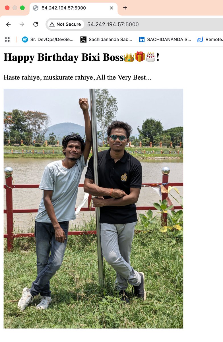 Snsbr2004Sabar's tweet photo. Deploying a Birthday Surprise with DevOps: A Fun Python + Docker Project 🤓👨🏻‍💻

(Code, Containers, and Celebration: A DevOps Birthday Project 🤩)

    Sometimes the best way to celebrate someone is by combining creativity with the skills you love. This time, I decided to do something a little different for a close friend’s upcoming birthday.

Instead of a traditional message, I built a small DevOps-powered birthday surprise.

The idea was simple: 
    Deploy a lightweight Python web application that displays a birthday message, package it using Docker, and automate the whole delivery process using a CI/CD pipeline built with GitHub Actions.

Here’s what the mini-project looked like:
    • Built a simple Python application using Flask
    • Containerized the application with Docker
    • Created a CI/CD pipeline using GitHub Actions
    • Stored secrets securely (Docker credentials, EC2 host, SSH key) inside GitHub repository secrets
    • Automatically built the Docker image and pushed it to Docker Hub
    • Deployed the container on an Amazon EC2 instance
    • Accessed the Birthday webpage directly from the browser after the pipeline completed

After a few builds and tests, the pipeline ran successfully and the page loaded perfectly. Seeing a personal idea turn into a fully automated deployment was genuinely satisfying.

I actually did something similar last year, but this time I wanted to ensure everything was polished and ready before the birthday arrives. Today was just a quick pipeline run to verify that the code, container, and deployment workflow are all working smoothly.

Key takeaway for anyone who wants to try something similar:
    If you'd like to create a fun tech surprise for a friend or loved one, you can simply fork my repository, update your Docker credentials and EC2 details, change the message or image, and run the pipeline. Your own surprise webpage will be live in minutes.

DevOps is usually associated with infrastructure, automation, and production systems. But sometimes it can also be used to create small, memorable moments for people we care about.

Looking forward to seeing his reaction on his birthday.

GitHub Repo: https://t.co/gkWQMkUEGY

For more details : https://t.co/0q4WSxv9et

#DevOps #Docker #GitHubActions #Python #Flask #CloudComputing #CI_CD #BuildInPublic