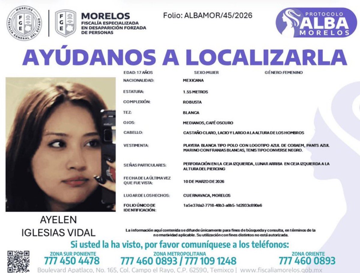 JJDiazMachuca's tweet photo. Por favor 🙏🏻 ayudemos a encontrarla 

DESAPARECE OTRA ESTUDIANTE EN MORELOS EN MEDIO DE OLA DE FEMINICIDIOS Y PARO UNIVERSITARIO
La Fiscalía General del Estado de Morelos (FGE) ha confirmado la activación del Protocolo Alba para localizar a Ayelen Iglesias Vidal, una joven de tan solo 17 años de edad, estudiante del Colegio de Bachilleres.