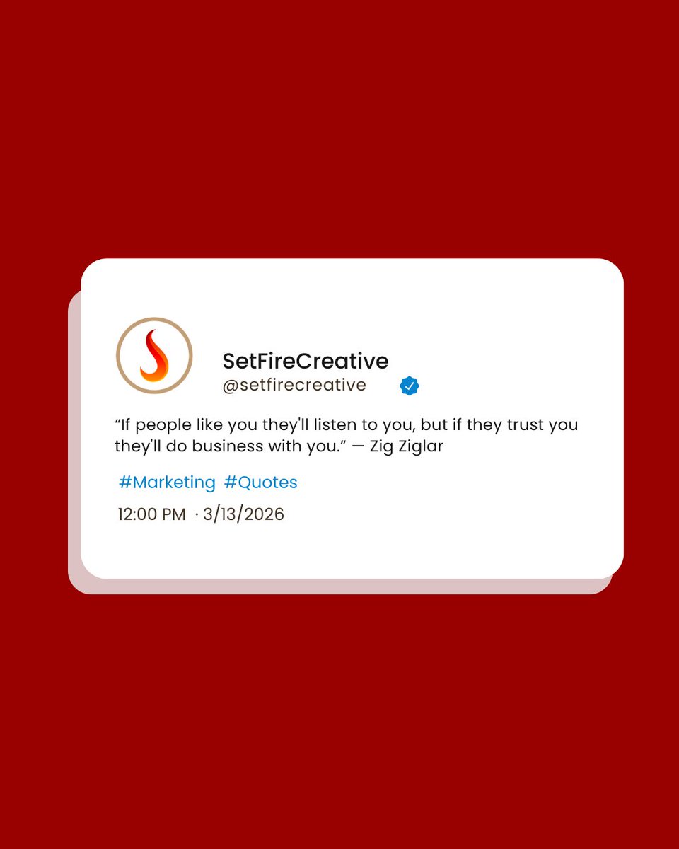 SetFireCreative's tweet photo. People often think marketing is about being liked.

But likes don’t close deals. Trust does.

You can have the funniest brand voice, the most polished visuals, and a perfectly curated feed… but if people don’t trust you, they won’t buy from you. https://t.co/Ys7SmywF8y